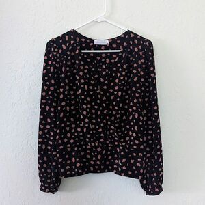 Womens All in Favor Blouse Black w/ Pink Polka Dot Long Sleeved V Neck Small GUC
